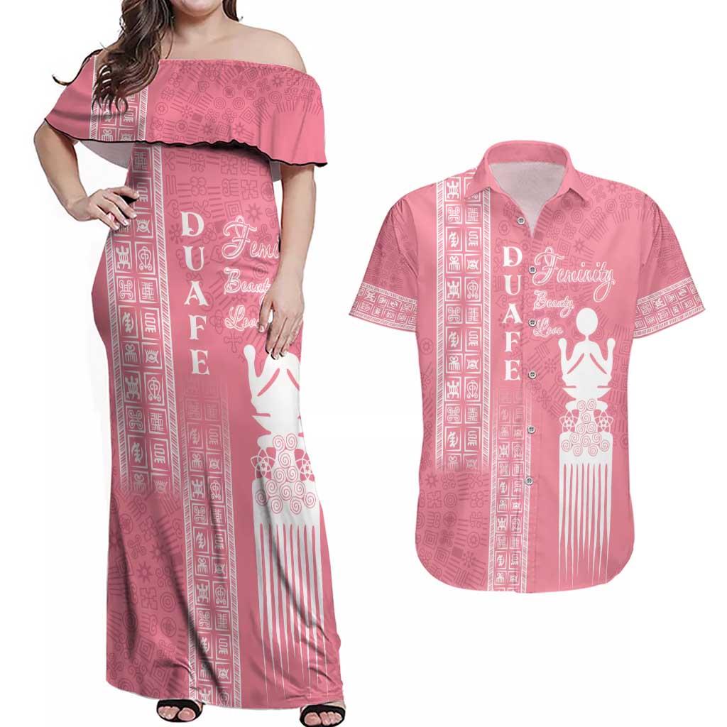 Personalized Adinkra Akan Culture Couples Matching Off Shoulder Maxi Dress and Hawaiian Shirt Women's Day Duafe Symbol