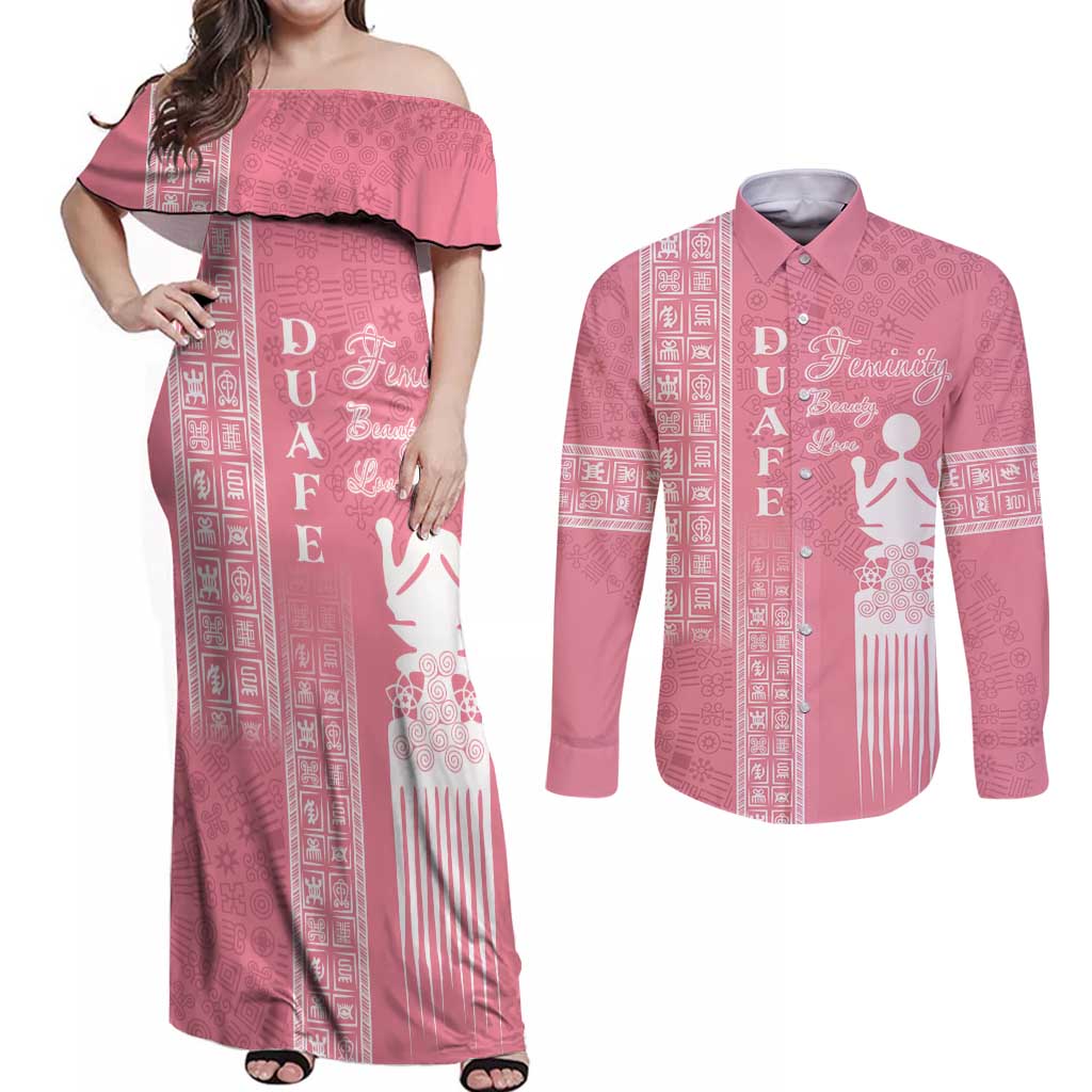 Personalized Adinkra Akan Culture Couples Matching Off Shoulder Maxi Dress and Long Sleeve Button Shirt Women's Day Duafe Symbol
