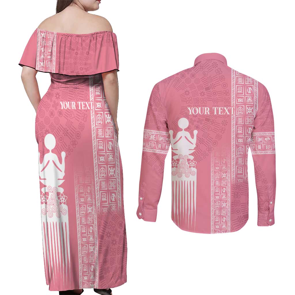 Personalized Adinkra Akan Culture Couples Matching Off Shoulder Maxi Dress and Long Sleeve Button Shirt Women's Day Duafe Symbol