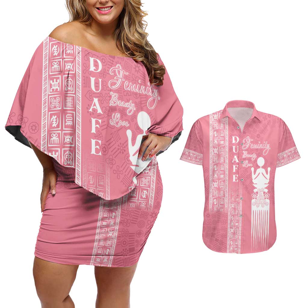 Personalized Adinkra Akan Culture Couples Matching Off Shoulder Short Dress and Hawaiian Shirt Women's Day Duafe Symbol