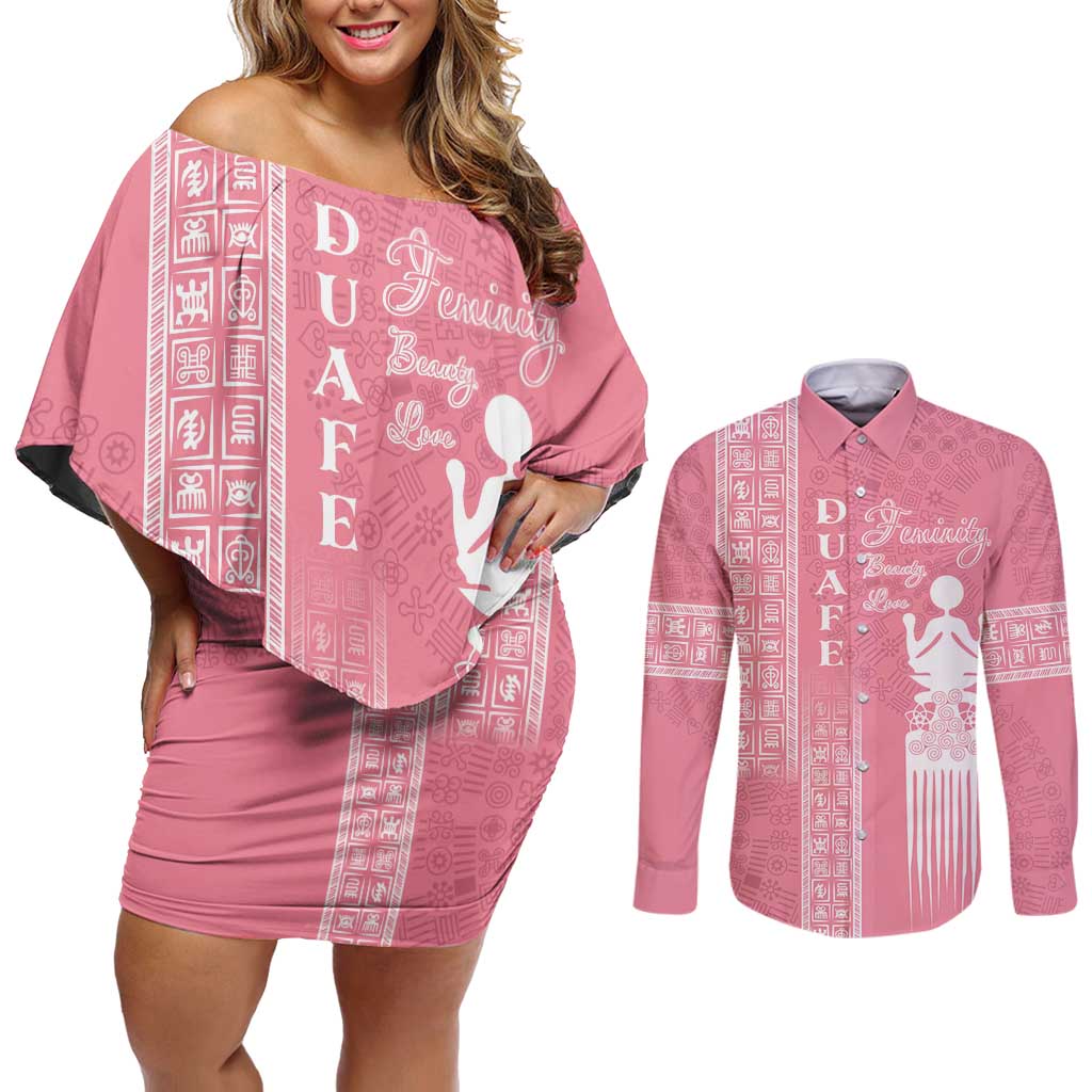 Personalized Adinkra Akan Culture Couples Matching Off Shoulder Short Dress and Long Sleeve Button Shirt Women's Day Duafe Symbol
