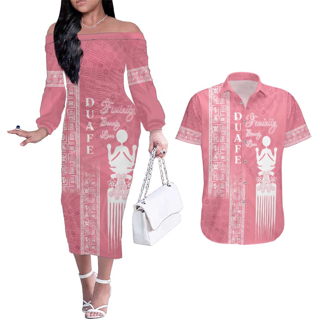 Personalized Adinkra Akan Culture Couples Matching Off The Shoulder Long Sleeve Dress and Hawaiian Shirt Women's Day Duafe Symbol