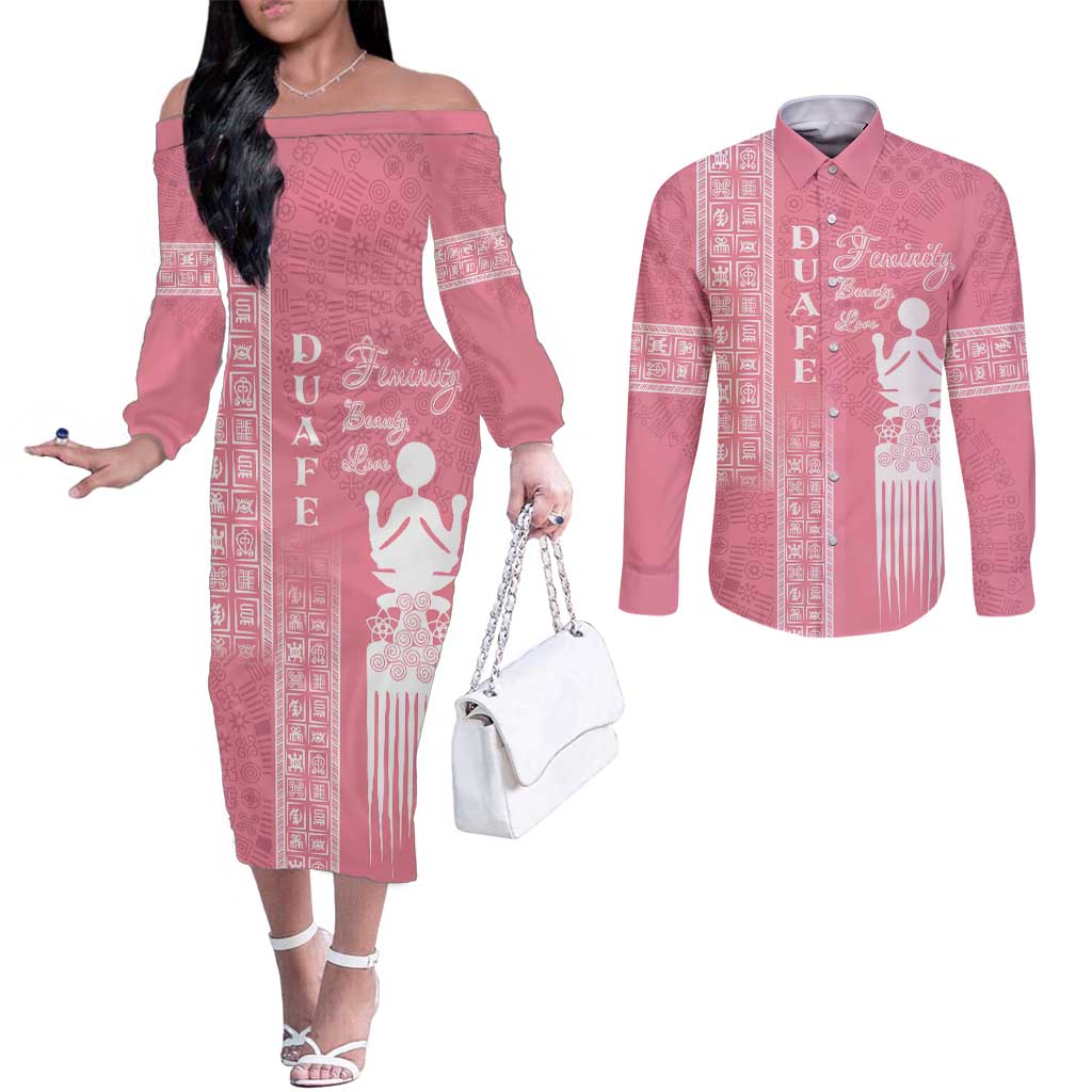 Personalized Adinkra Akan Culture Couples Matching Off The Shoulder Long Sleeve Dress and Long Sleeve Button Shirt Women's Day Duafe Symbol