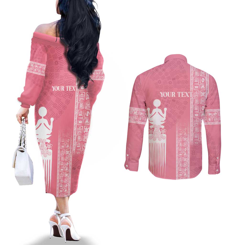 Personalized Adinkra Akan Culture Couples Matching Off The Shoulder Long Sleeve Dress and Long Sleeve Button Shirt Women's Day Duafe Symbol