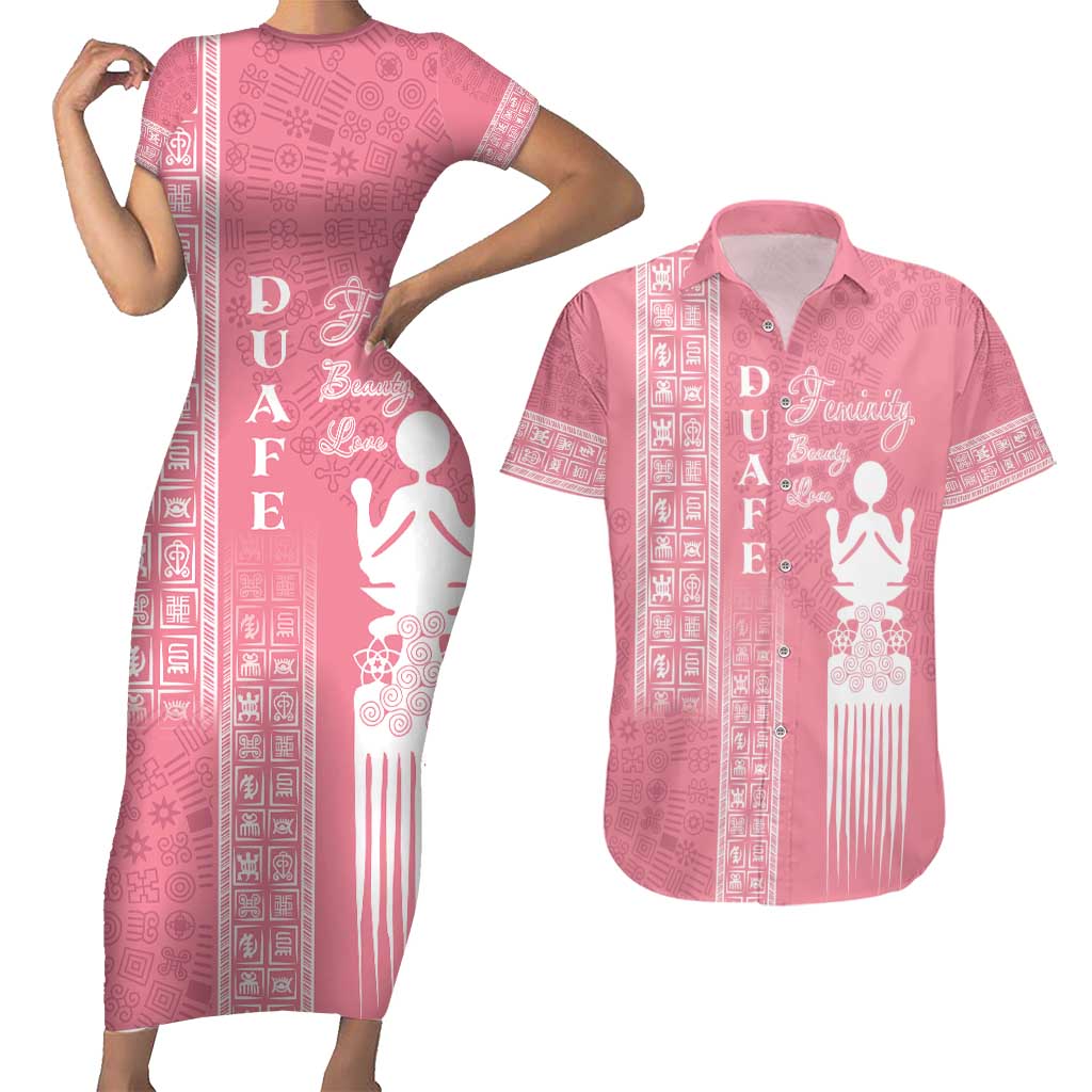 Personalized Adinkra Akan Culture Couples Matching Short Sleeve Bodycon Dress and Hawaiian Shirt Women's Day Duafe Symbol