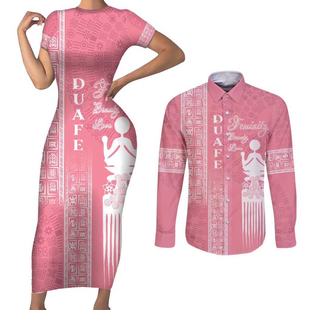 Personalized Adinkra Akan Culture Couples Matching Short Sleeve Bodycon Dress and Long Sleeve Button Shirt Women's Day Duafe Symbol