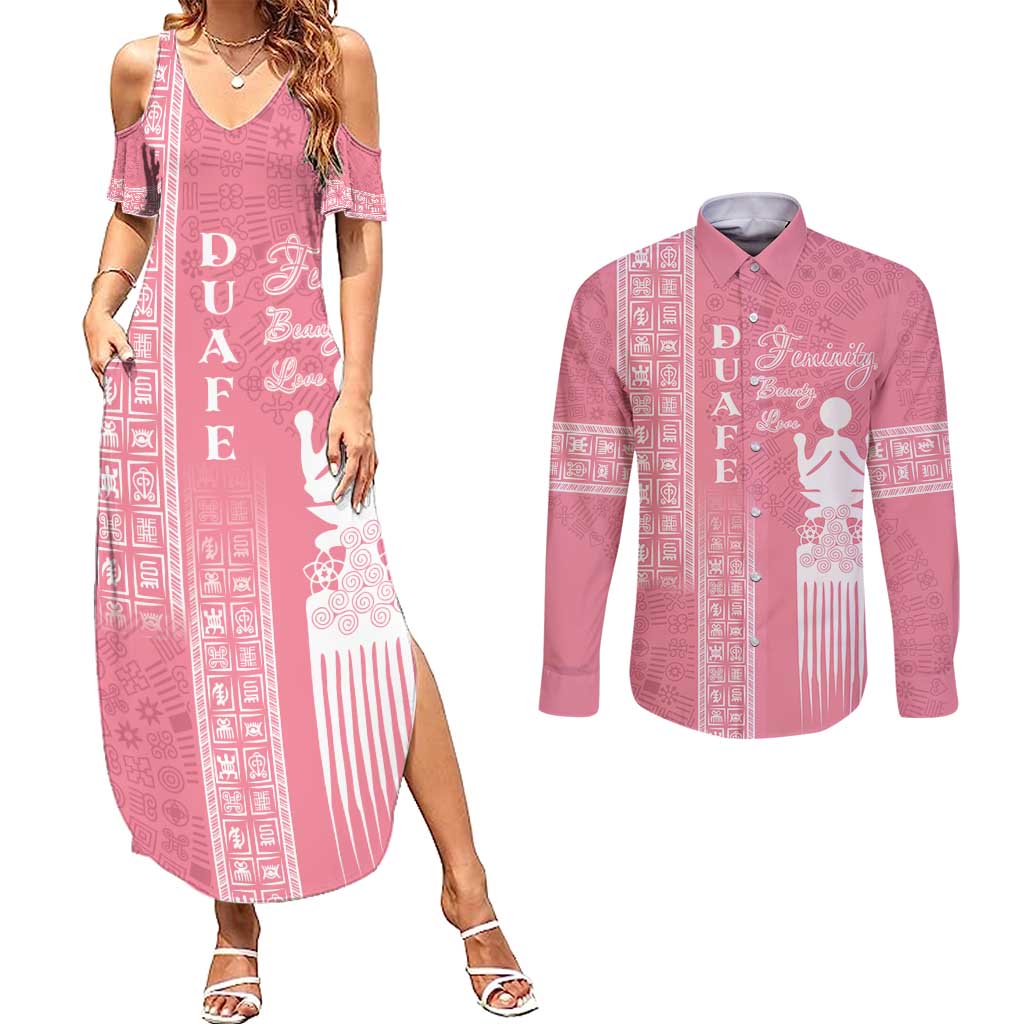 Personalized Adinkra Akan Culture Couples Matching Summer Maxi Dress and Long Sleeve Button Shirt Women's Day Duafe Symbol