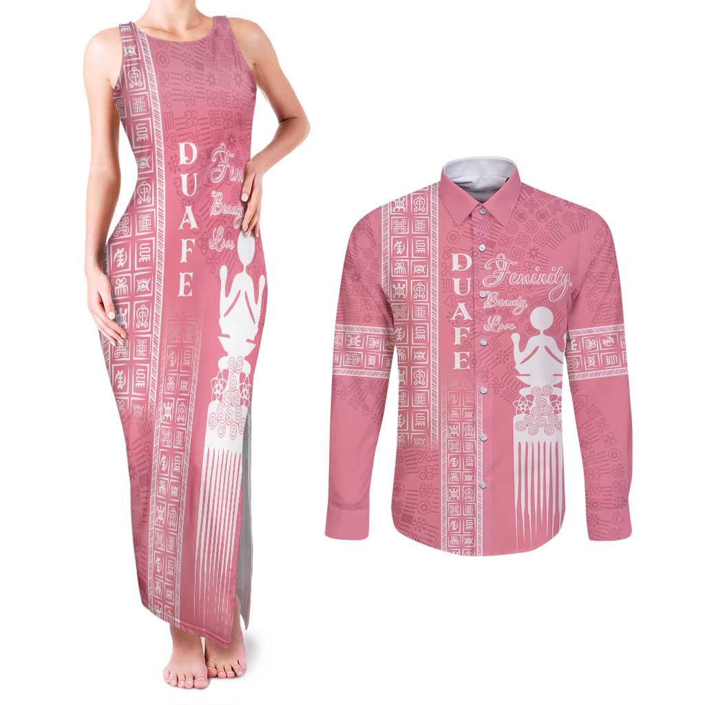 Personalized Adinkra Akan Culture Couples Matching Tank Maxi Dress and Long Sleeve Button Shirt Women's Day Duafe Symbol