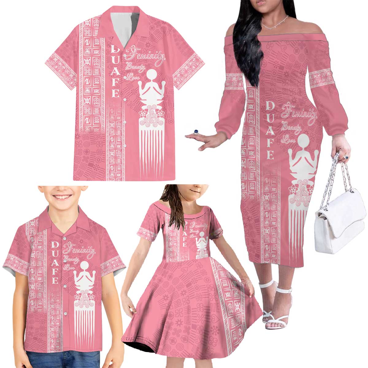 Personalized Adinkra Akan Culture Family Matching Off The Shoulder Long Sleeve Dress and Hawaiian Shirt Women's Day Duafe Symbol