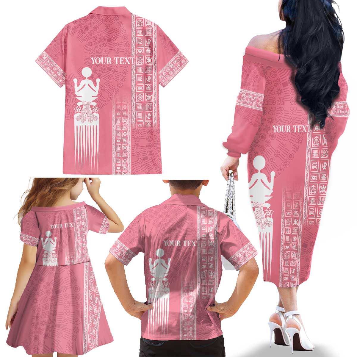 Personalized Adinkra Akan Culture Family Matching Off The Shoulder Long Sleeve Dress and Hawaiian Shirt Women's Day Duafe Symbol