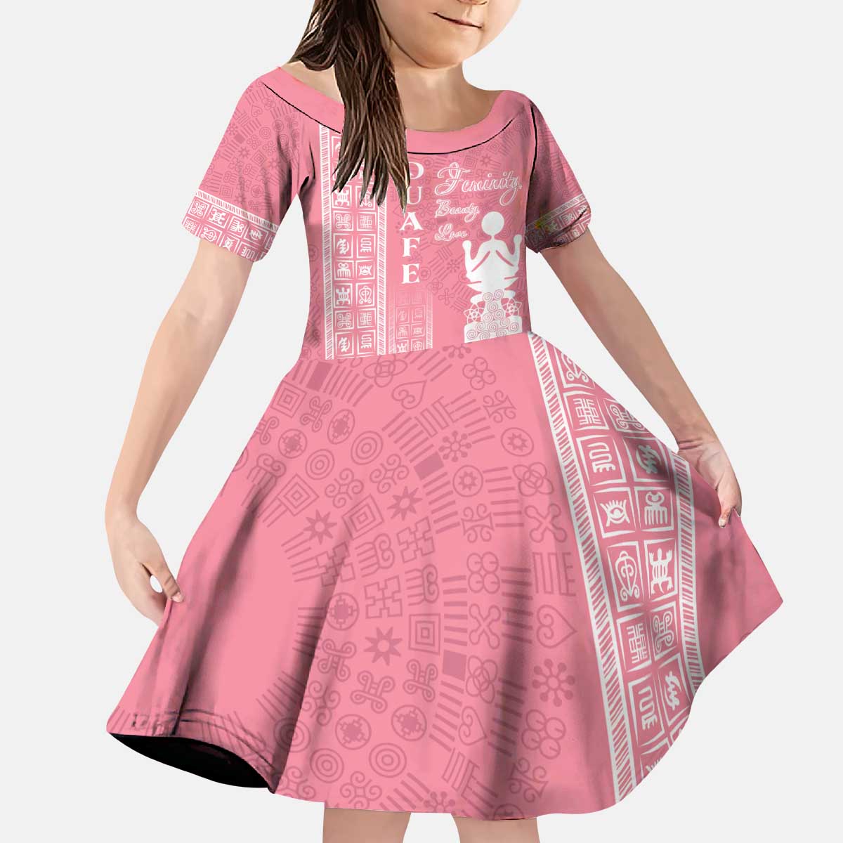 Personalized Adinkra Akan Culture Kid Short Sleeve Dress Women's Day Duafe Symbol