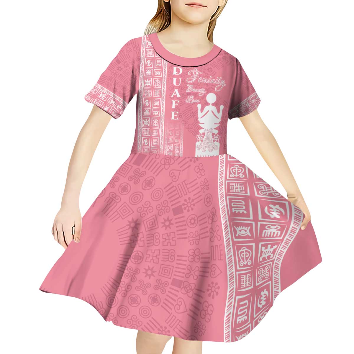 Personalized Adinkra Akan Culture Kid Short Sleeve Dress Women's Day Duafe Symbol