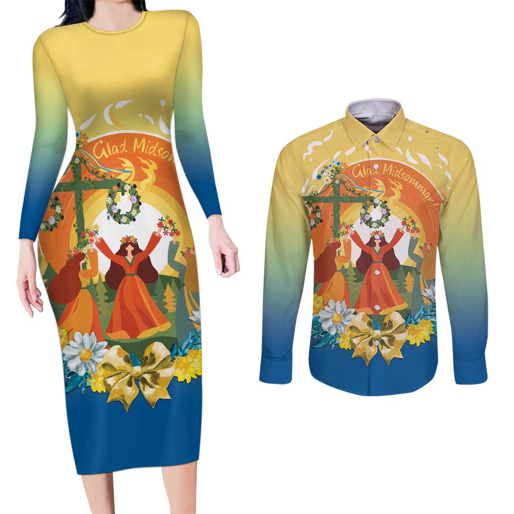Sverige Glad Midsommar Couples Matching Long Sleeve Bodycon Dress and Long Sleeve Button Shirt Majstang Dancing