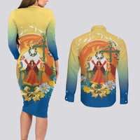 Sverige Glad Midsommar Couples Matching Long Sleeve Bodycon Dress and Long Sleeve Button Shirt Majstang Dancing