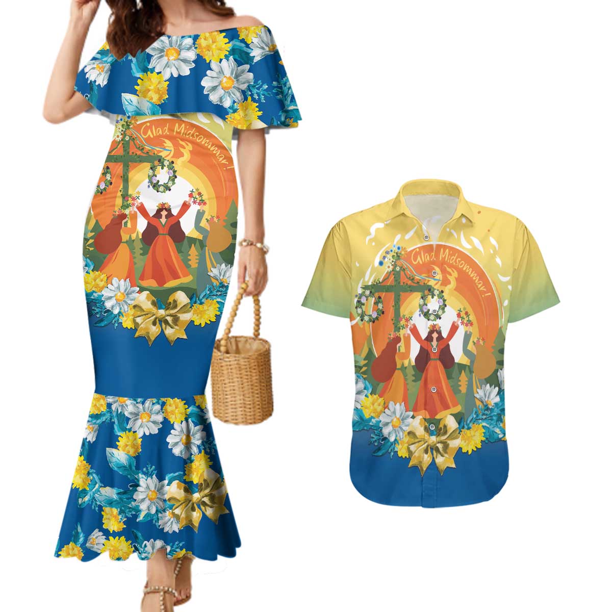Sverige Glad Midsommar Couples Matching Mermaid Dress and Hawaiian Shirt Majstang Dancing