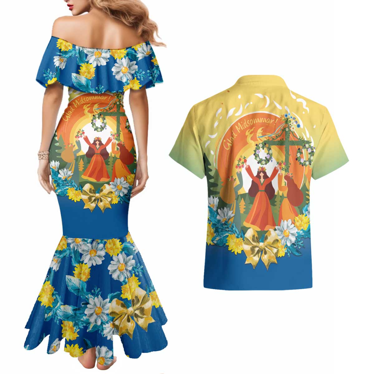 Sverige Glad Midsommar Couples Matching Mermaid Dress and Hawaiian Shirt Majstang Dancing