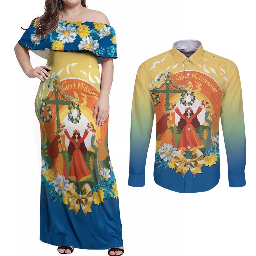Sverige Glad Midsommar Couples Matching Off Shoulder Maxi Dress and Long Sleeve Button Shirt Majstang Dancing