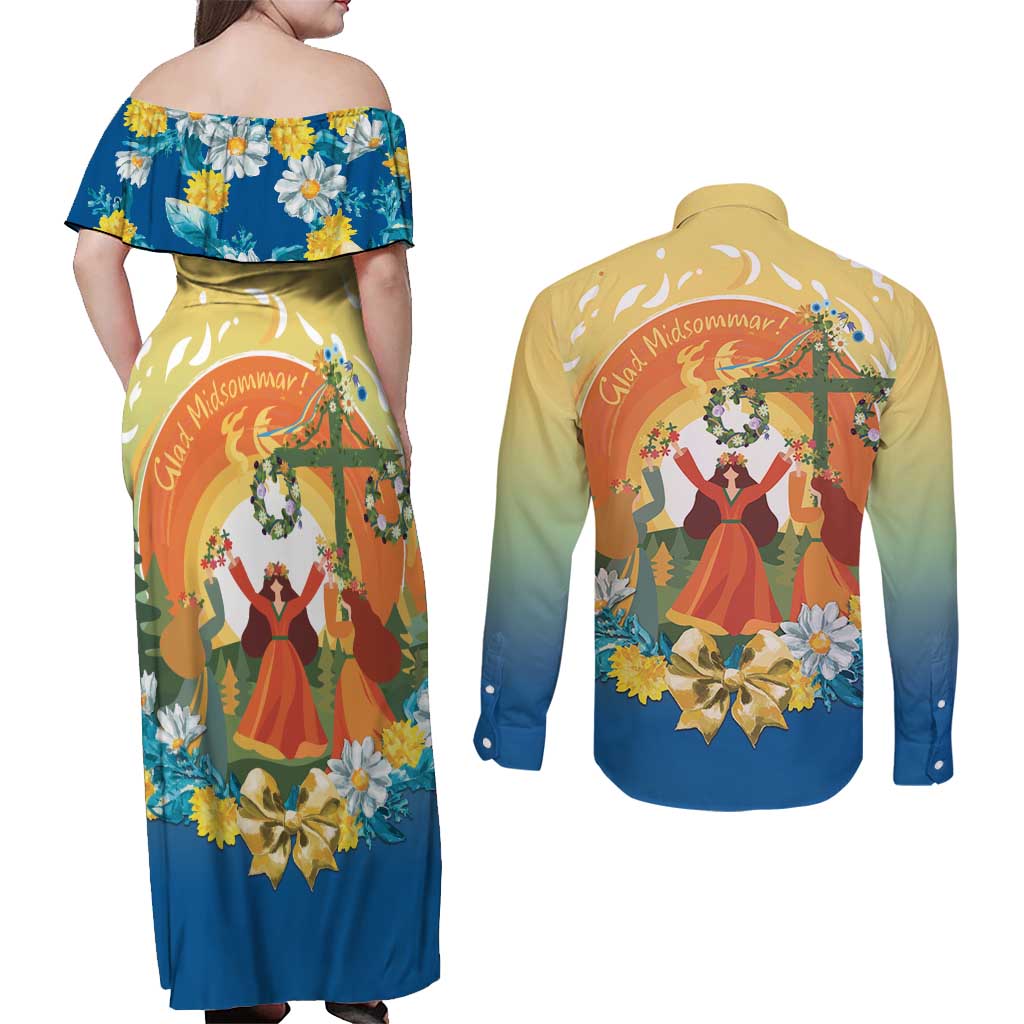 Sverige Glad Midsommar Couples Matching Off Shoulder Maxi Dress and Long Sleeve Button Shirt Majstang Dancing