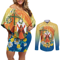 Sverige Glad Midsommar Couples Matching Off Shoulder Short Dress and Long Sleeve Button Shirt Majstang Dancing