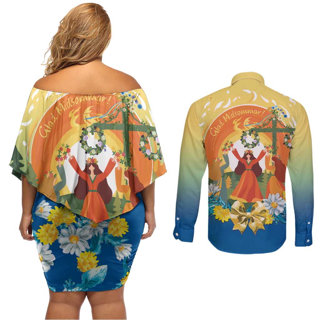Sverige Glad Midsommar Couples Matching Off Shoulder Short Dress and Long Sleeve Button Shirt Majstang Dancing