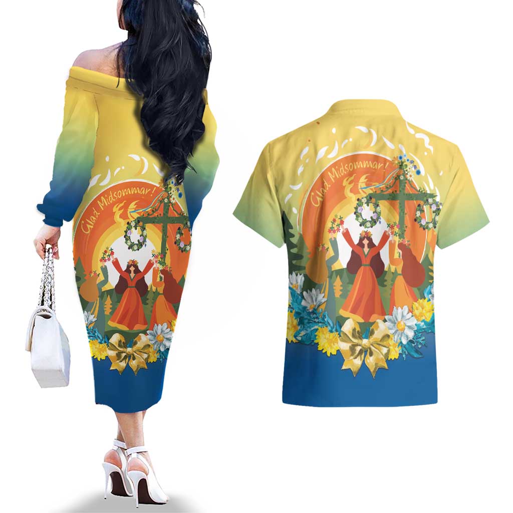 Sverige Glad Midsommar Couples Matching Off The Shoulder Long Sleeve Dress and Hawaiian Shirt Majstang Dancing