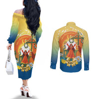 Sverige Glad Midsommar Couples Matching Off The Shoulder Long Sleeve Dress and Long Sleeve Button Shirt Majstang Dancing