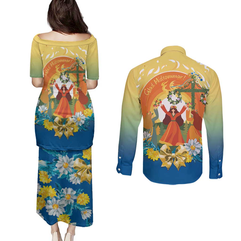 Sverige Glad Midsommar Couples Matching Puletasi and Long Sleeve Button Shirt Majstang Dancing