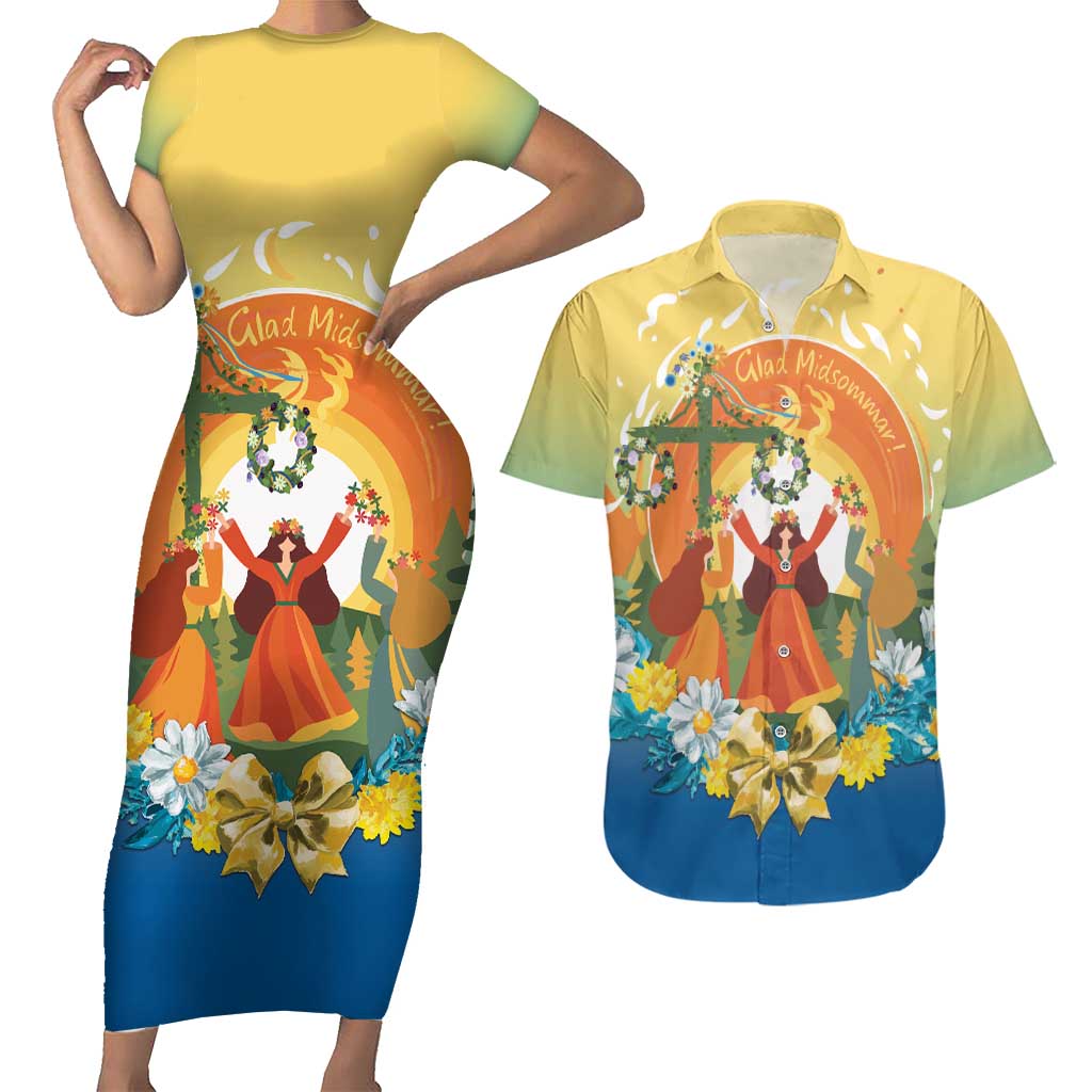 Sverige Glad Midsommar Couples Matching Short Sleeve Bodycon Dress and Hawaiian Shirt Majstang Dancing
