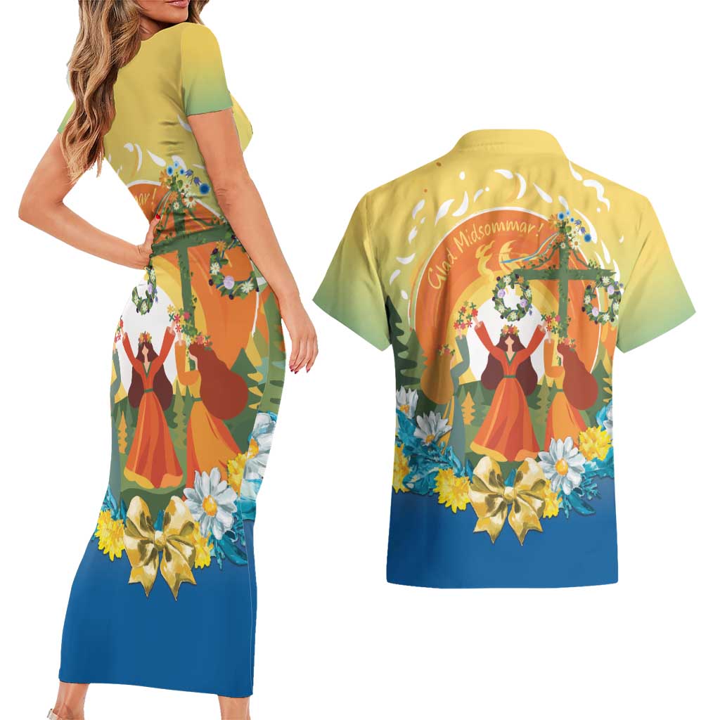 Sverige Glad Midsommar Couples Matching Short Sleeve Bodycon Dress and Hawaiian Shirt Majstang Dancing