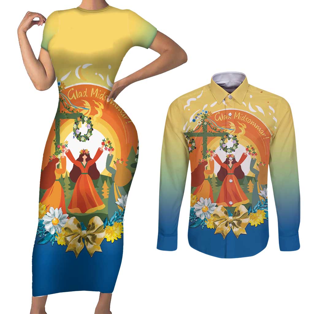 Sverige Glad Midsommar Couples Matching Short Sleeve Bodycon Dress and Long Sleeve Button Shirt Majstang Dancing