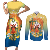 Sverige Glad Midsommar Couples Matching Short Sleeve Bodycon Dress and Long Sleeve Button Shirt Majstang Dancing
