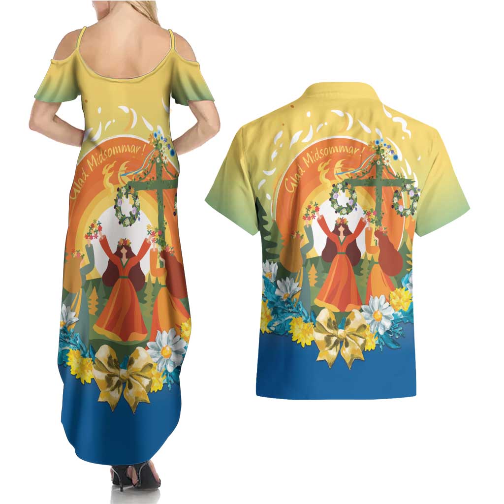 Sverige Glad Midsommar Couples Matching Summer Maxi Dress and Hawaiian Shirt Majstang Dancing