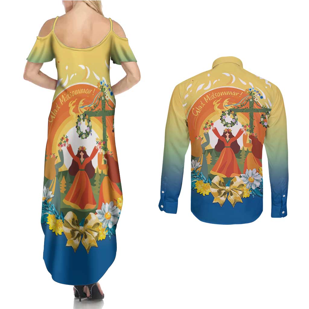 Sverige Glad Midsommar Couples Matching Summer Maxi Dress and Long Sleeve Button Shirt Majstang Dancing