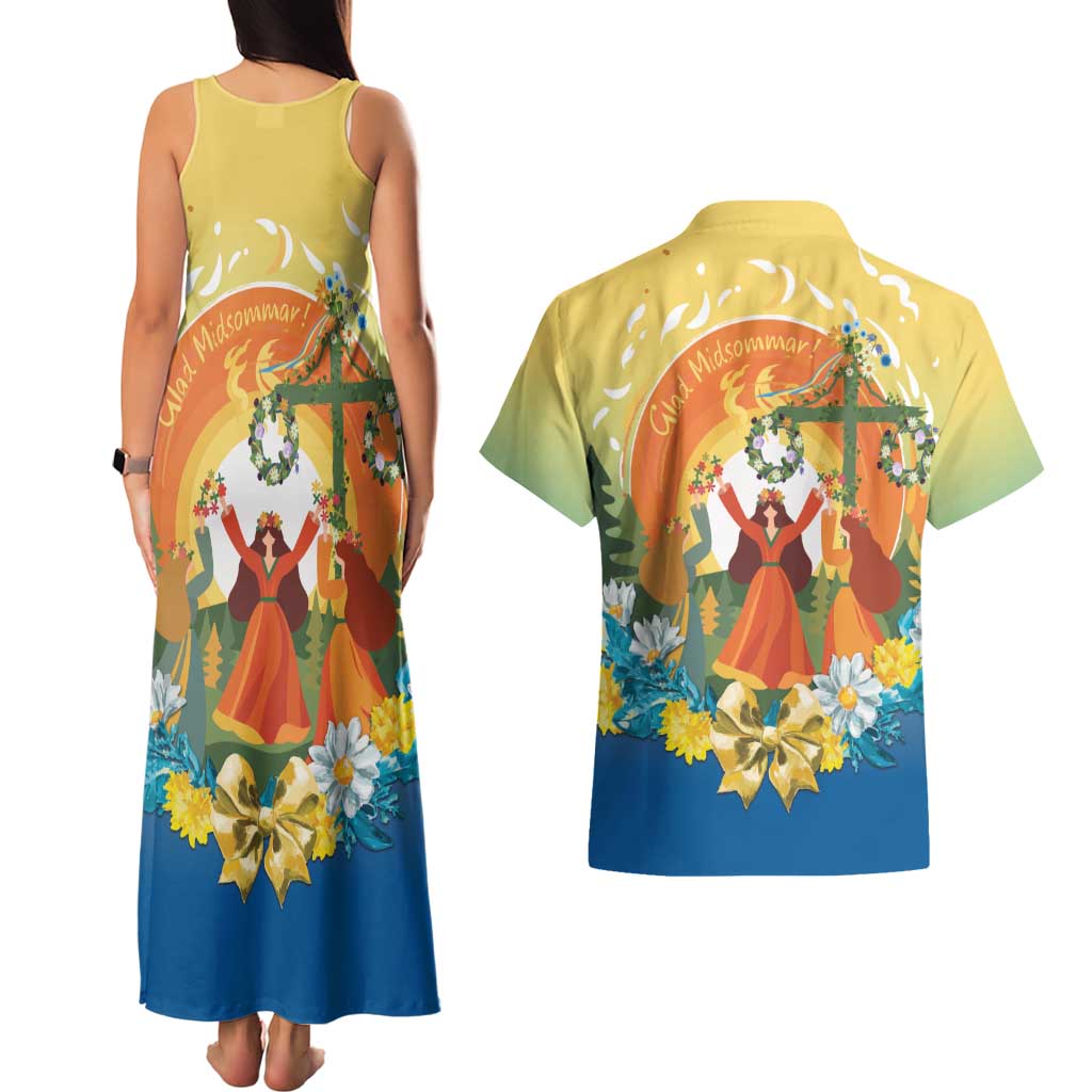 Sverige Glad Midsommar Couples Matching Tank Maxi Dress and Hawaiian Shirt Majstang Dancing