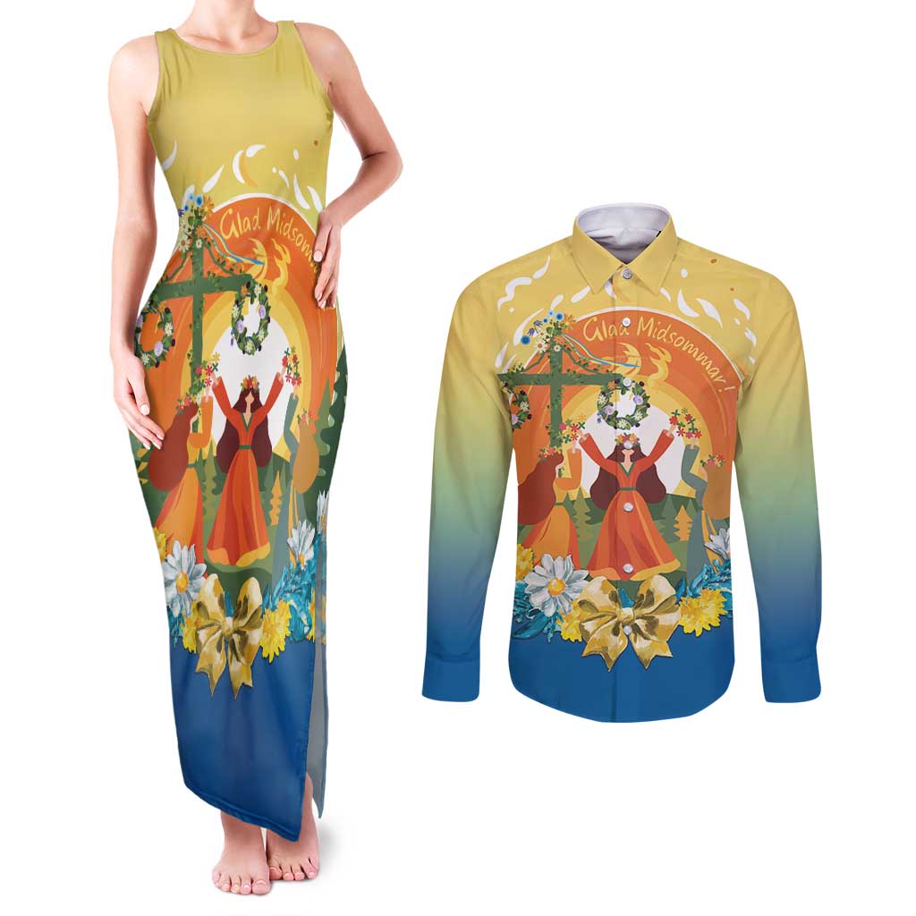 Sverige Glad Midsommar Couples Matching Tank Maxi Dress and Long Sleeve Button Shirt Majstang Dancing