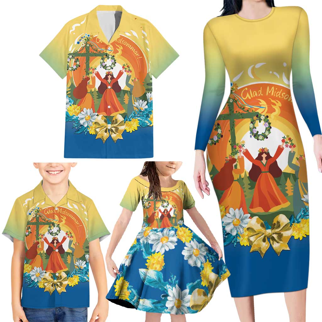 Sverige Glad Midsommar Family Matching Long Sleeve Bodycon Dress and Hawaiian Shirt Majstang Dancing