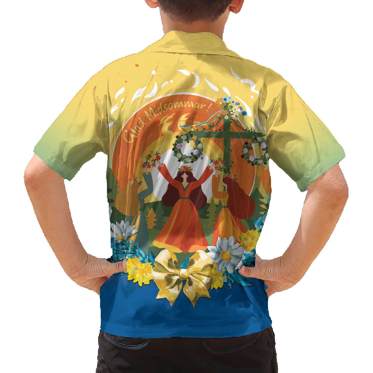 Sverige Glad Midsommar Family Matching Off The Shoulder Long Sleeve Dress and Hawaiian Shirt Majstang Dancing