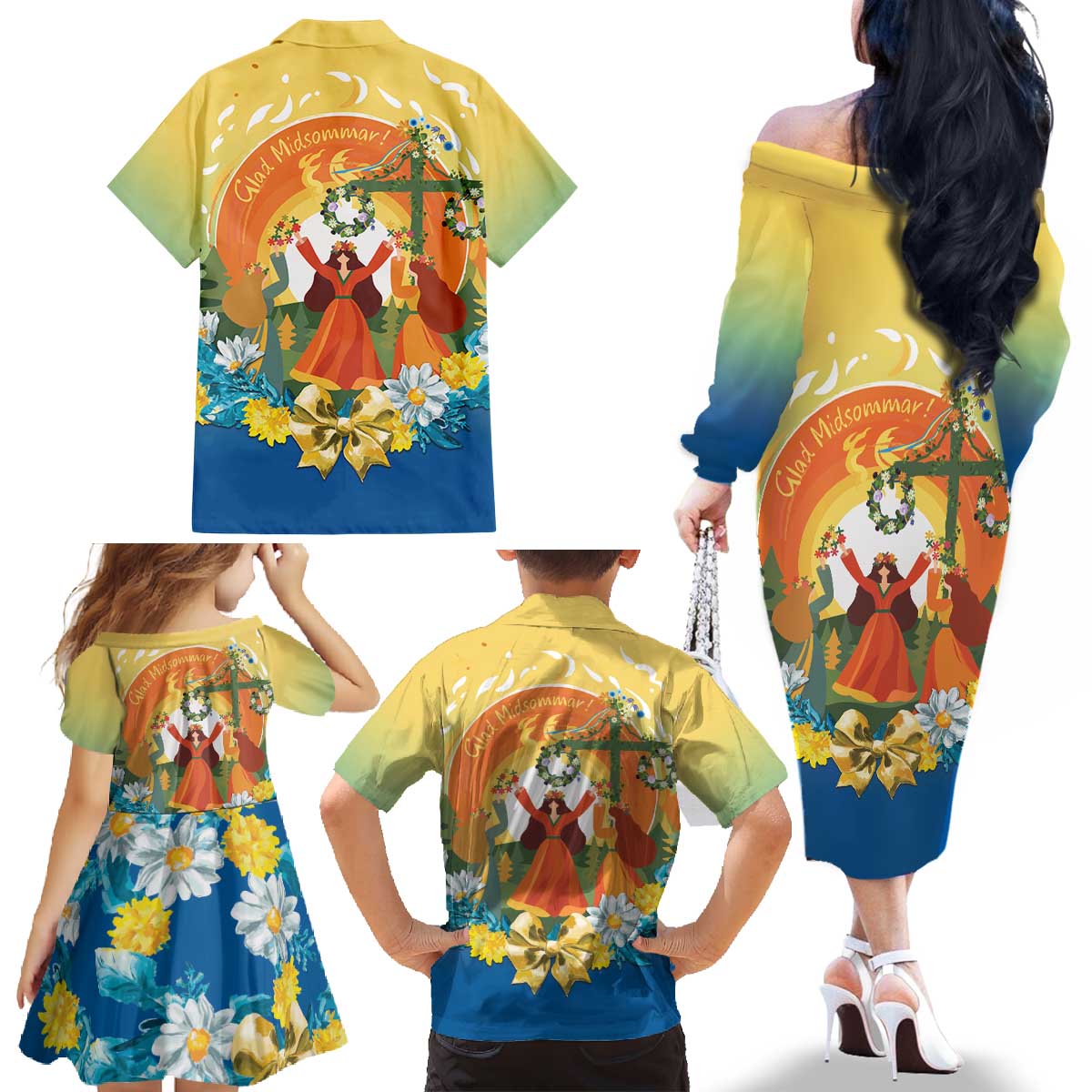 Sverige Glad Midsommar Family Matching Off The Shoulder Long Sleeve Dress and Hawaiian Shirt Majstang Dancing