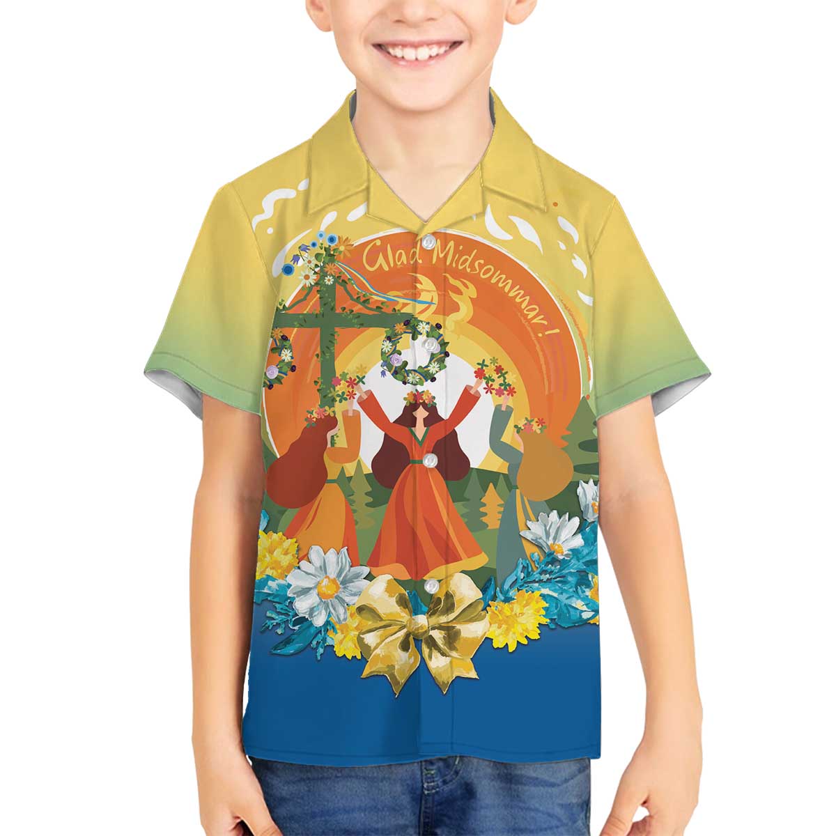 Sverige Glad Midsommar Family Matching Off The Shoulder Long Sleeve Dress and Hawaiian Shirt Majstang Dancing