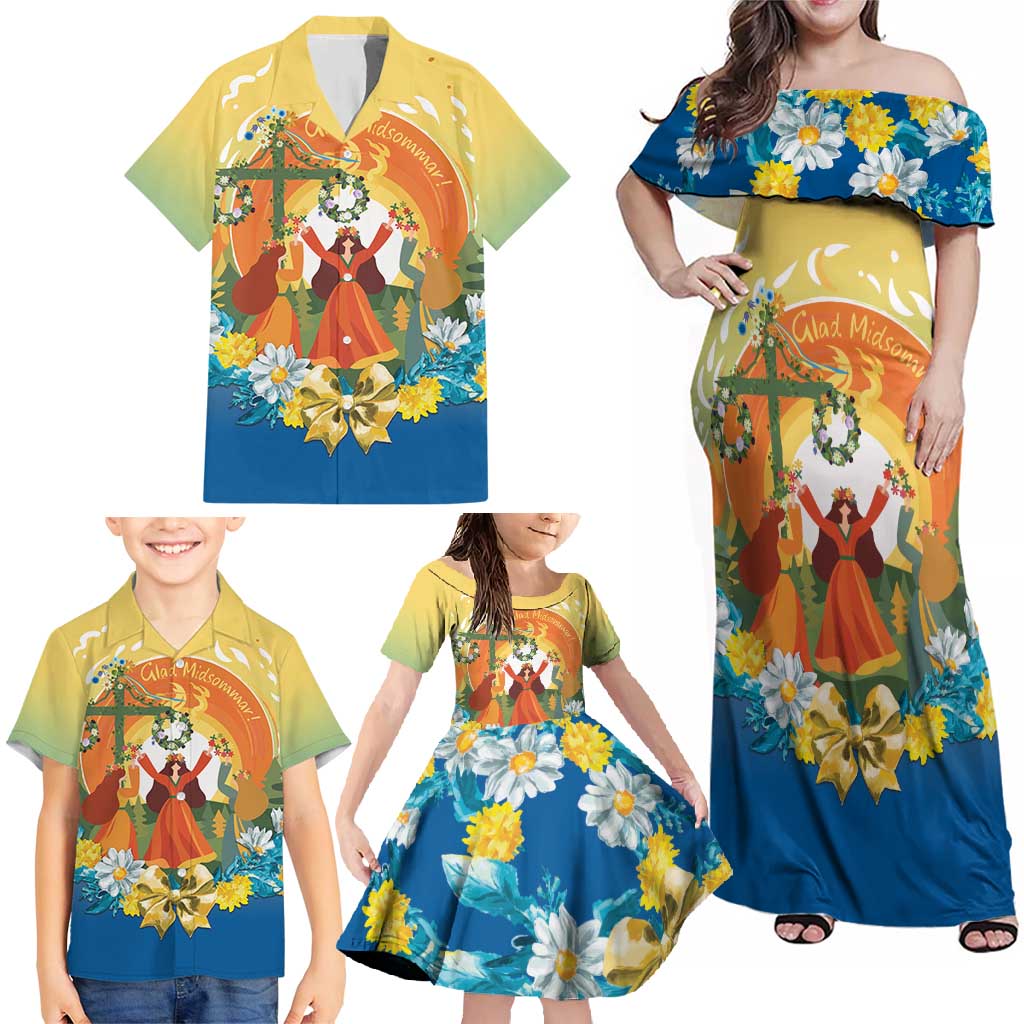 Sverige Glad Midsommar Family Matching Off Shoulder Maxi Dress and Hawaiian Shirt Majstang Dancing