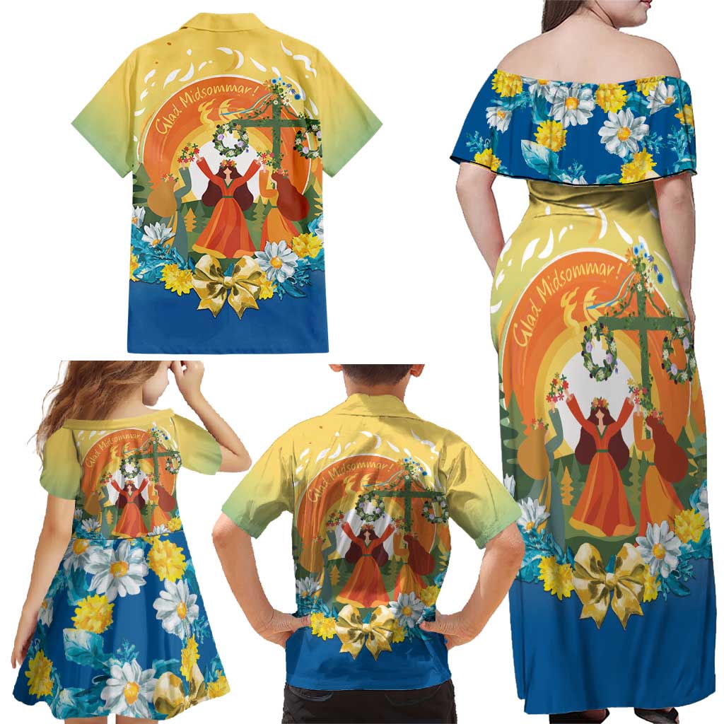 Sverige Glad Midsommar Family Matching Off Shoulder Maxi Dress and Hawaiian Shirt Majstang Dancing