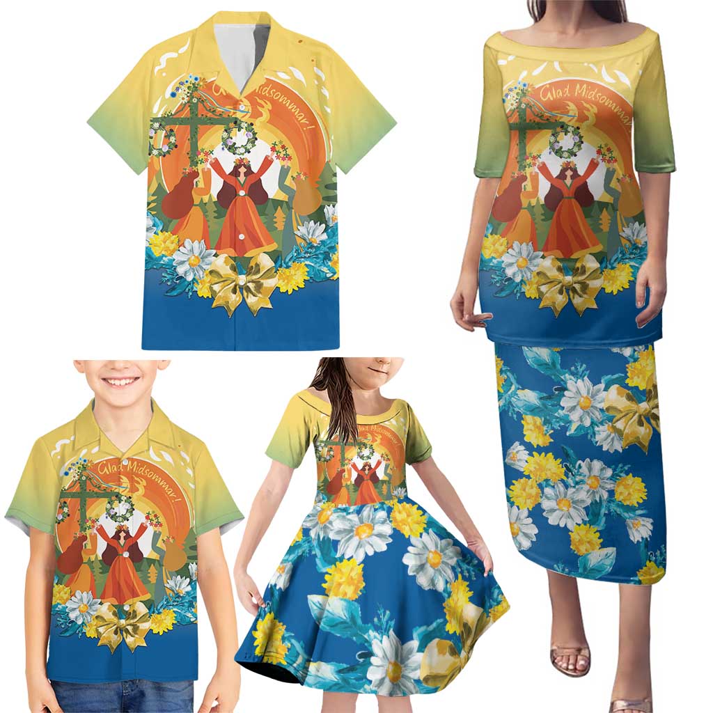 Sverige Glad Midsommar Family Matching Puletasi and Hawaiian Shirt Majstang Dancing