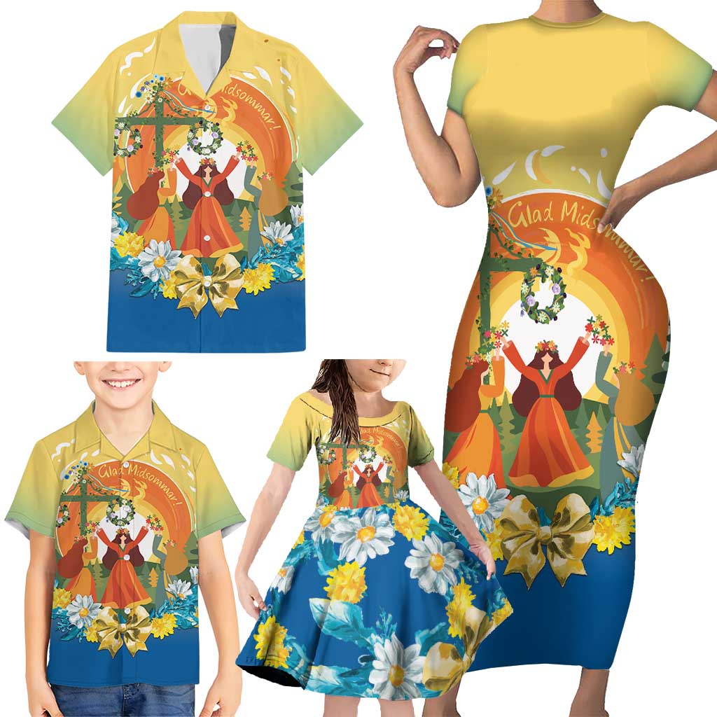 Sverige Glad Midsommar Family Matching Short Sleeve Bodycon Dress and Hawaiian Shirt Majstang Dancing