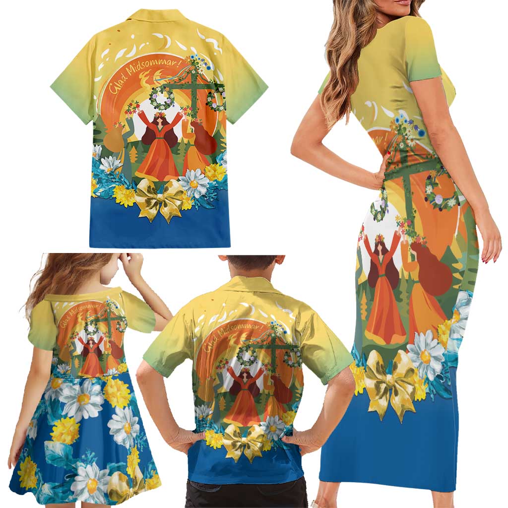 Sverige Glad Midsommar Family Matching Short Sleeve Bodycon Dress and Hawaiian Shirt Majstang Dancing