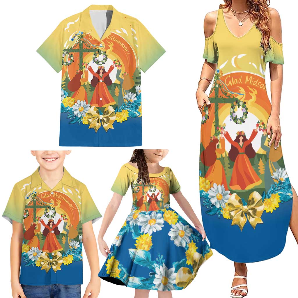Sverige Glad Midsommar Family Matching Summer Maxi Dress and Hawaiian Shirt Majstang Dancing