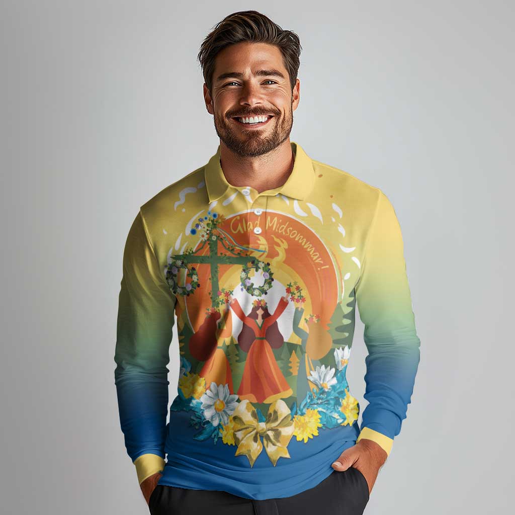 Sverige Glad Midsommar Long Sleeve Polo Shirt Majstang Dancing