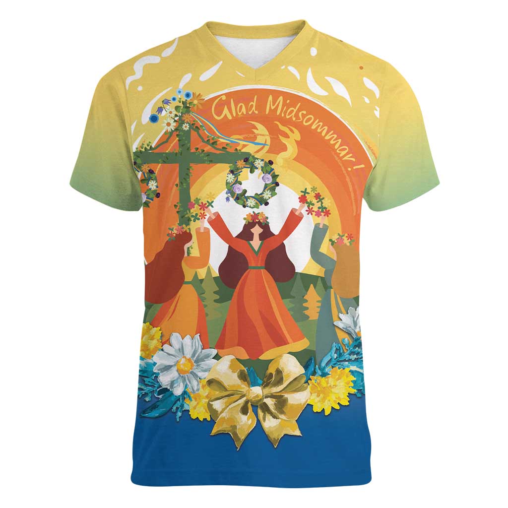 Sverige Glad Midsommar Women V-Neck T-Shirt Majstang Dancing