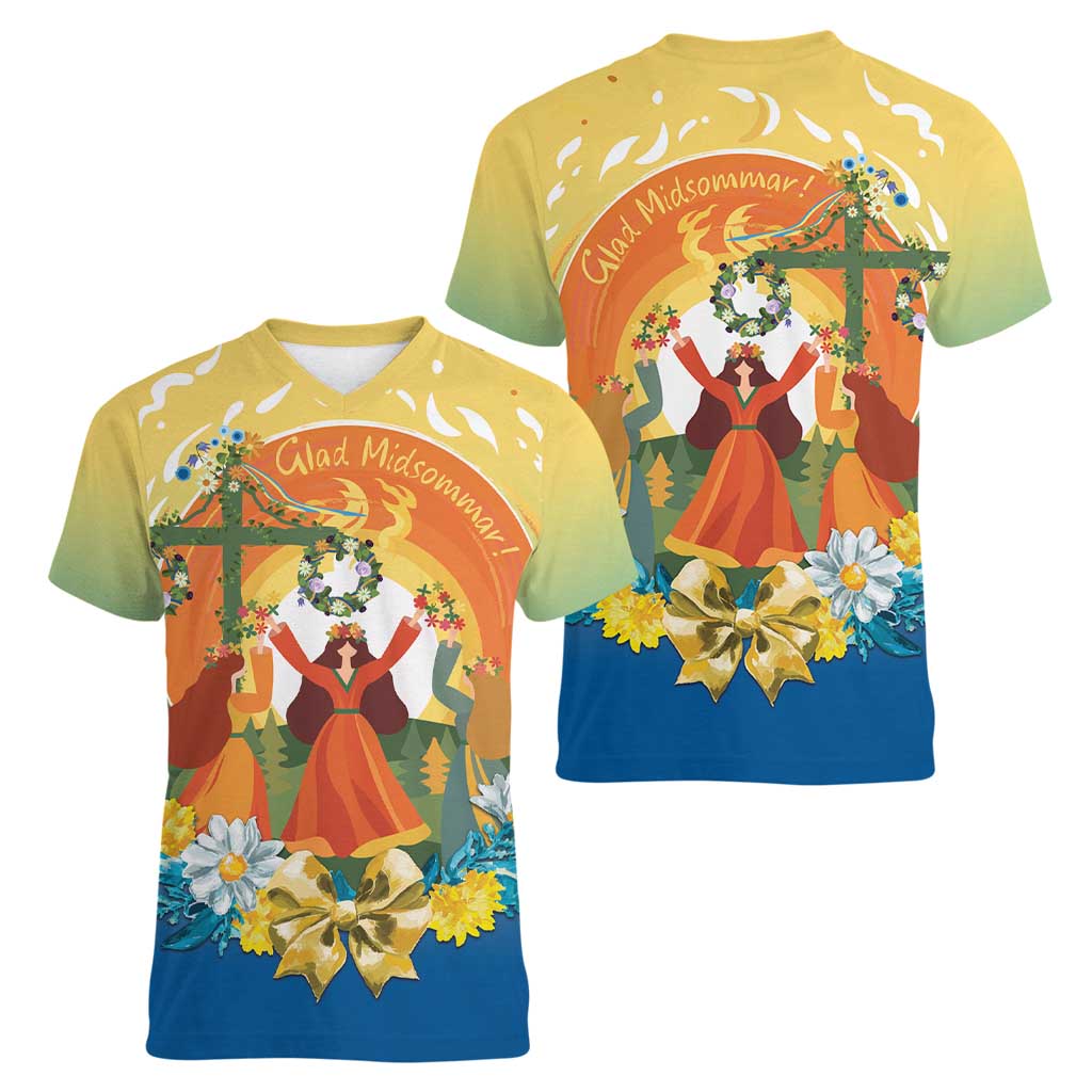 Sverige Glad Midsommar Women V-Neck T-Shirt Majstang Dancing