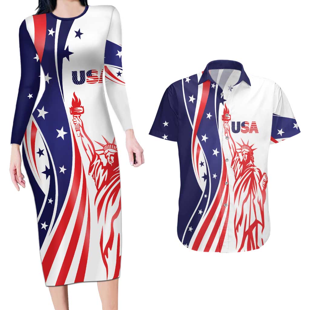 Fourth Of July USA Couples Matching Long Sleeve Bodycon Dress and Hawaiian Shirt American Dream - Statue Of Liberty