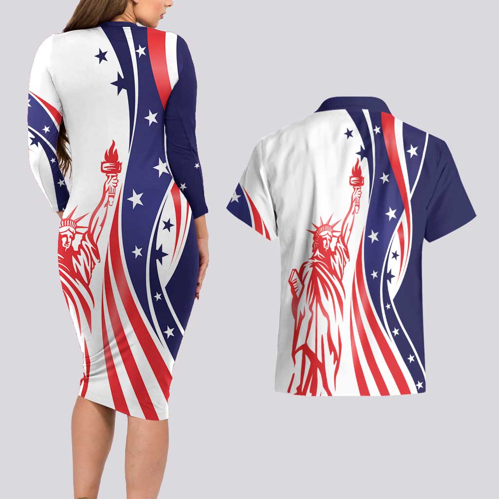 Fourth Of July USA Couples Matching Long Sleeve Bodycon Dress and Hawaiian Shirt American Dream - Statue Of Liberty